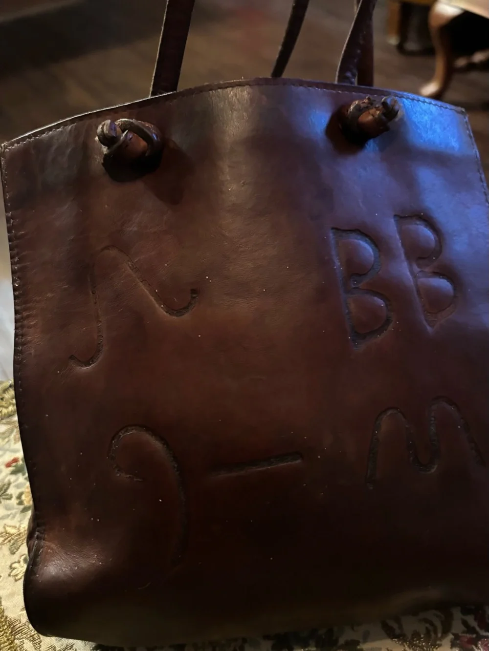 Two Bar West Small Brown Leather Western Tote Purse Embossed Brand Handbag